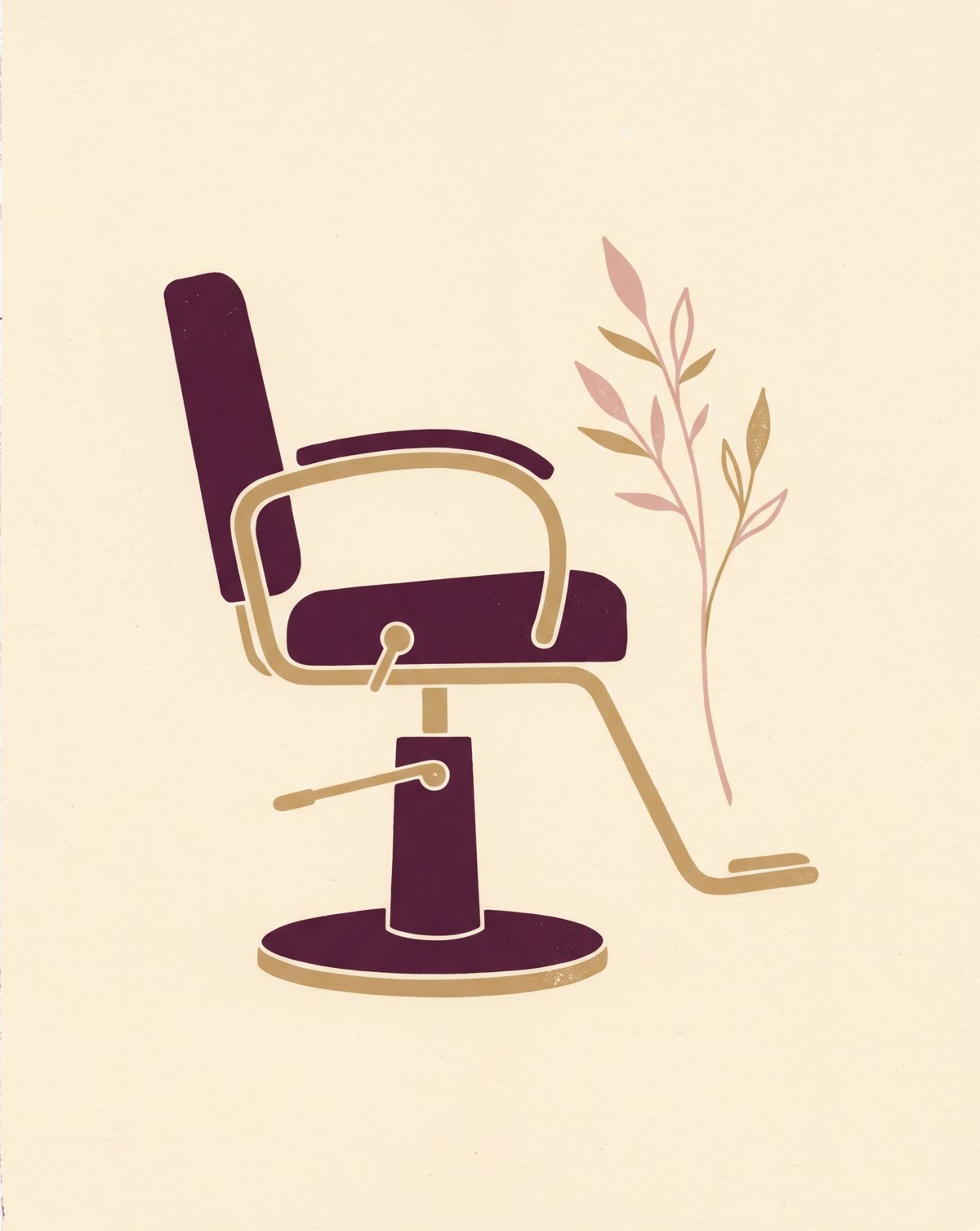 Flat illustration of a classic salon styling chair with a botanical sprig, in wine, champagne, and blush.