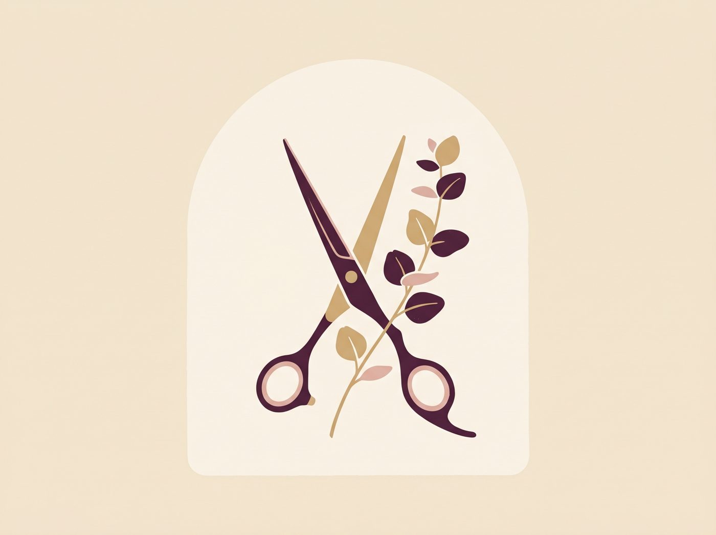 Illustration of open hair shears crossed with a botanical sprig inside a soft arch, in wine, champagne, and blush tones.