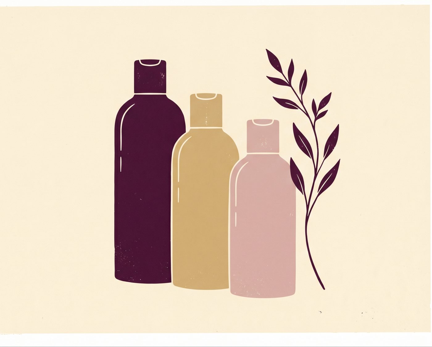 Flat illustration of three unlabeled salon haircare bottles with a botanical sprig, in wine, champagne, and blush.