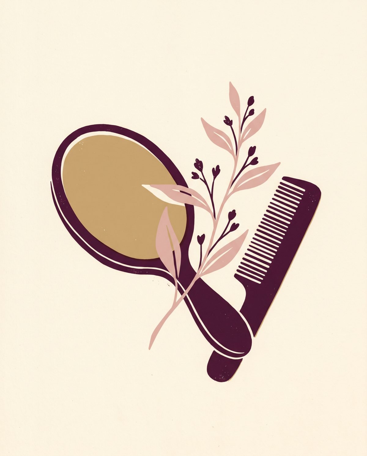 Flat illustration of a hand mirror, comb, and a botanical sprig in wine, champagne, and blush.